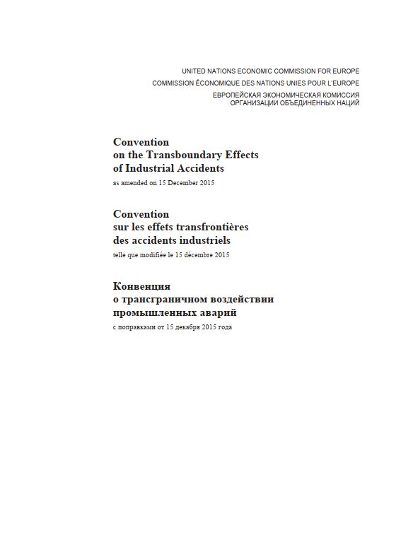 Titelbild des Übereinkommen zu grenzüberschreitenden Auswirkungen von Industrieunfällen in Originalsprache
