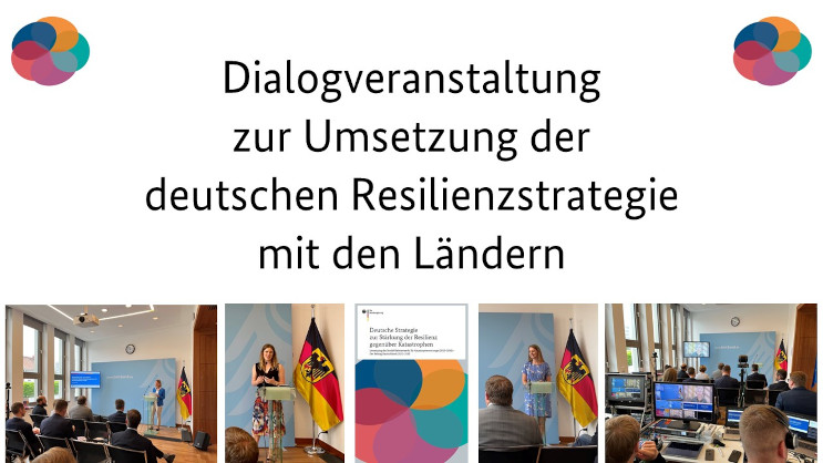 Titelbild mit dem Schriftzug "Dialogveranstaltung zur Umsetzung der deutschen Resilienzstrategie" und Impressionen aus der Veranstaltung